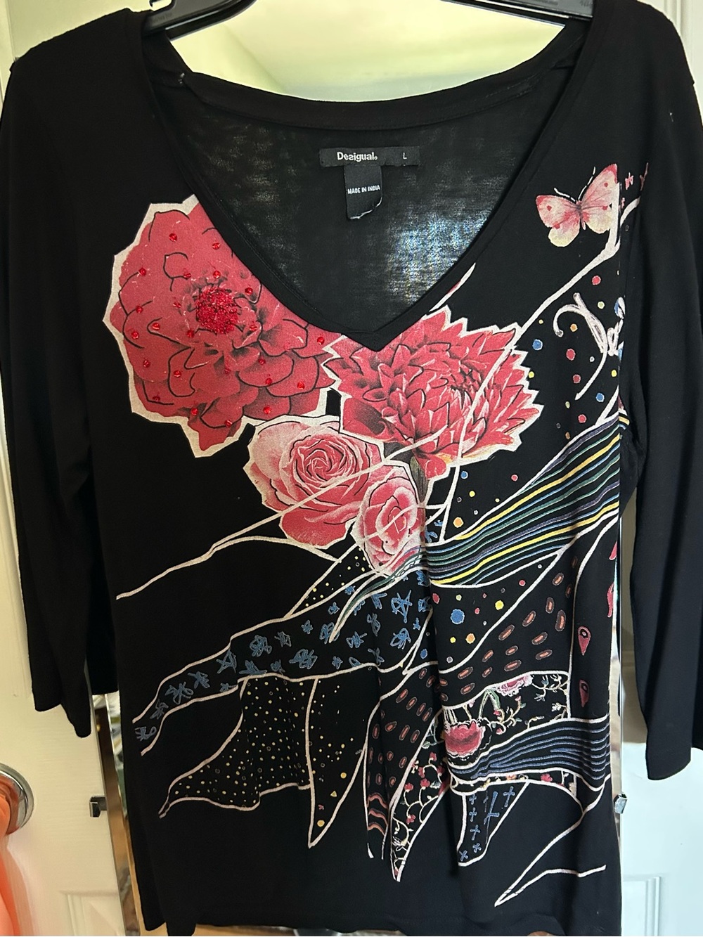 Desigual Black Long Sleeve V-Neck Top with Pink Floral & Butterfly Motif